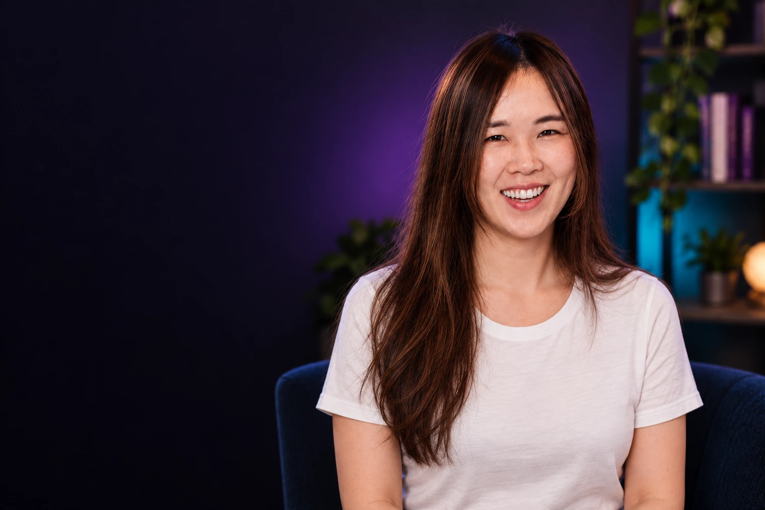 Mia facing the camera with a natural smile, an AI-adapted studio portrait
