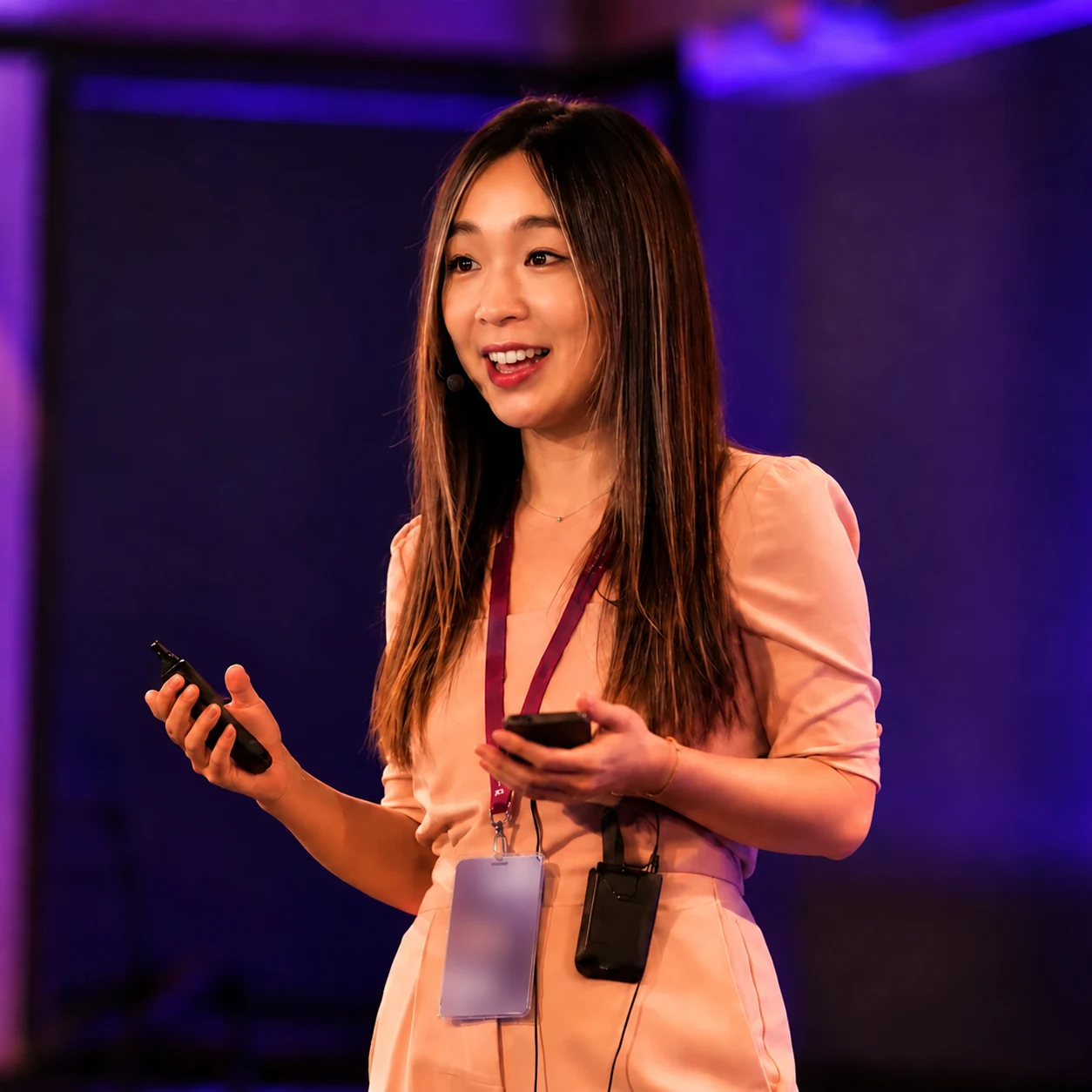 AI-adapted portrait of Mia presenting on stage
